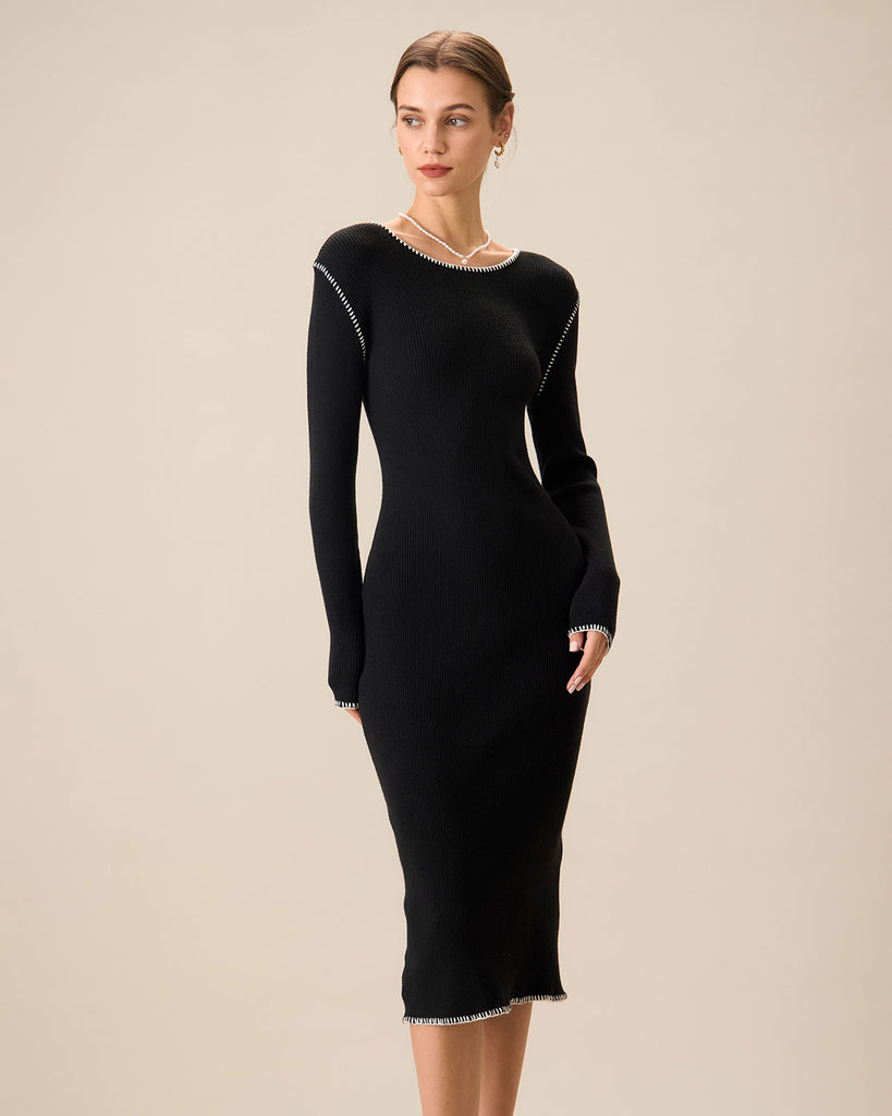 Women's Black Contrasting Ribbed Sweater Midi Dress