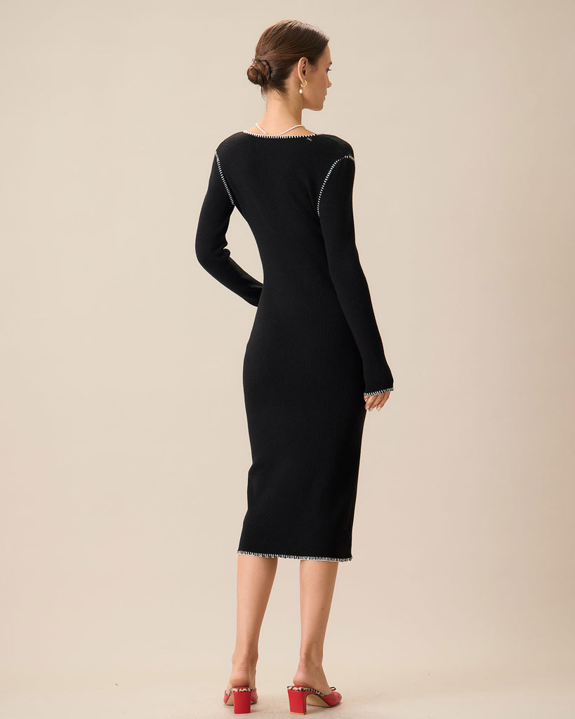 Women's Black Contrasting Ribbed Sweater Midi Dress