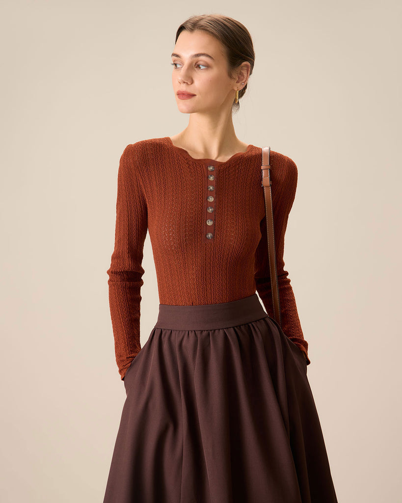 Women's Brown Round Neck Slim Sweater