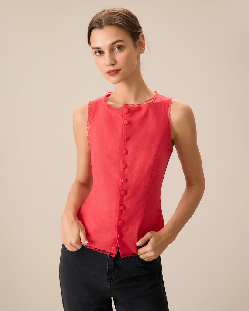 Women's Red Boat Neck Cotton Linen Vest