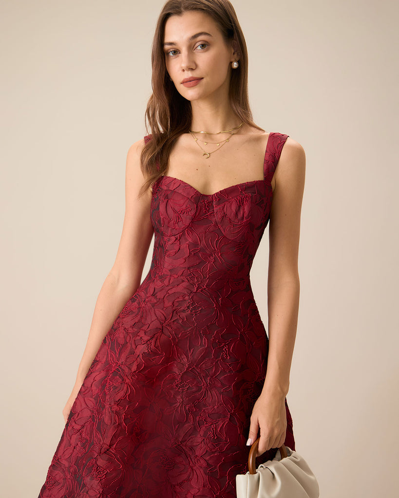 The Red Sweetheart Neck Jacquard Midi Dress