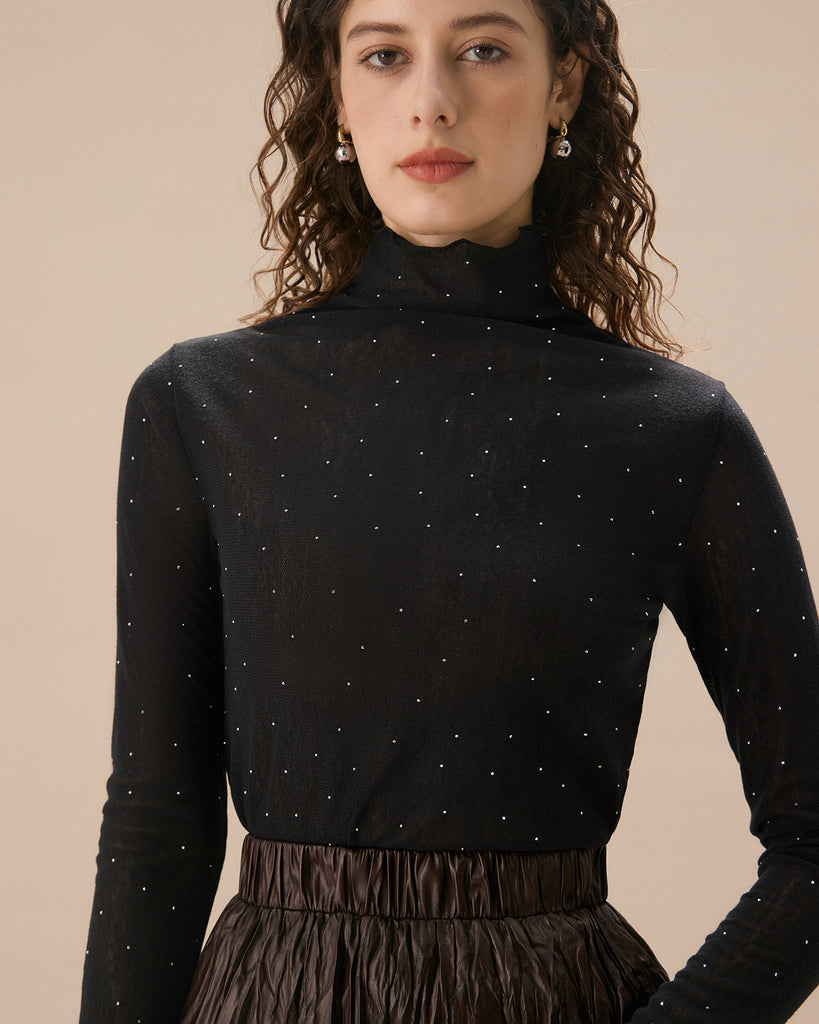 Women's Black Polka Dot See-through Slim Tee