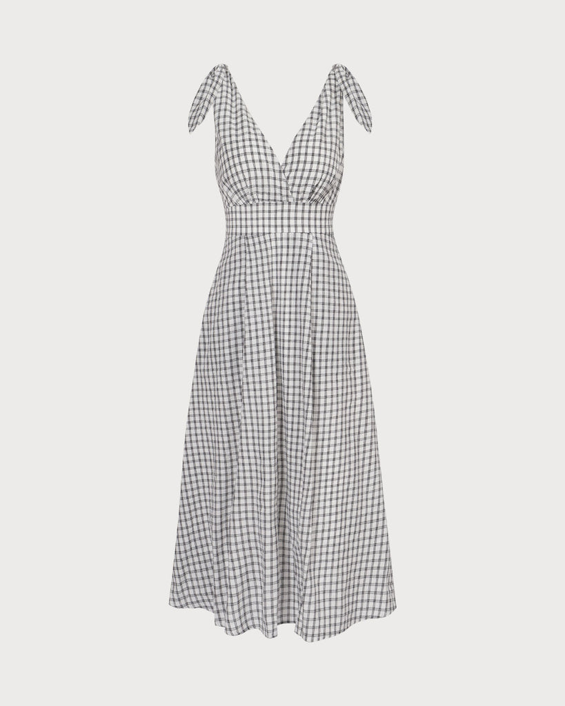 The Black Plaid Tie Strap Midi Dress Dresses - RIHOAS