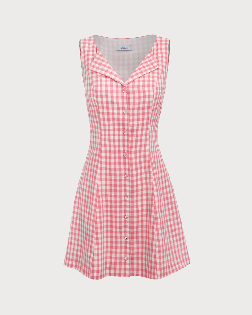 Women's Pink V-Neck Plaid Cotton Mini Dress