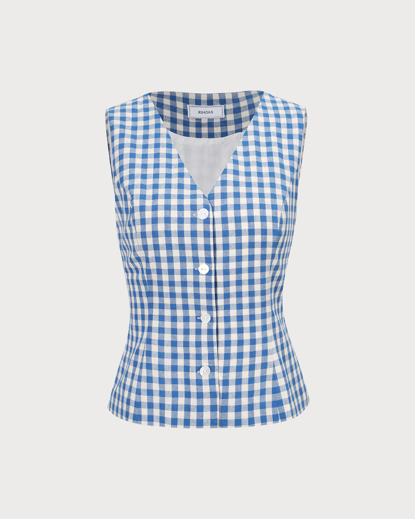 The Blue V Neck Plaid Vest Tops - RIHOAS