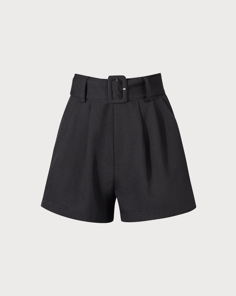 The Black Pleated Belt Shorts Bottoms - RIHOAS