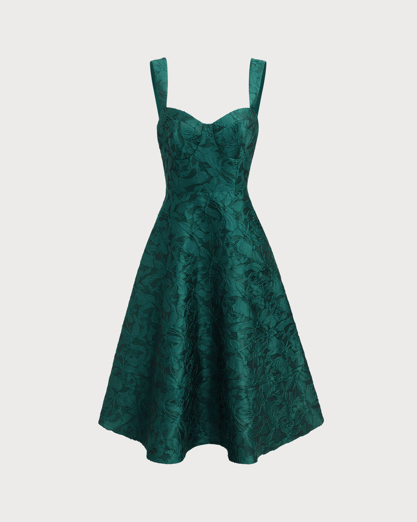 Green Sweetheart Neck Jacquard Midi Dress