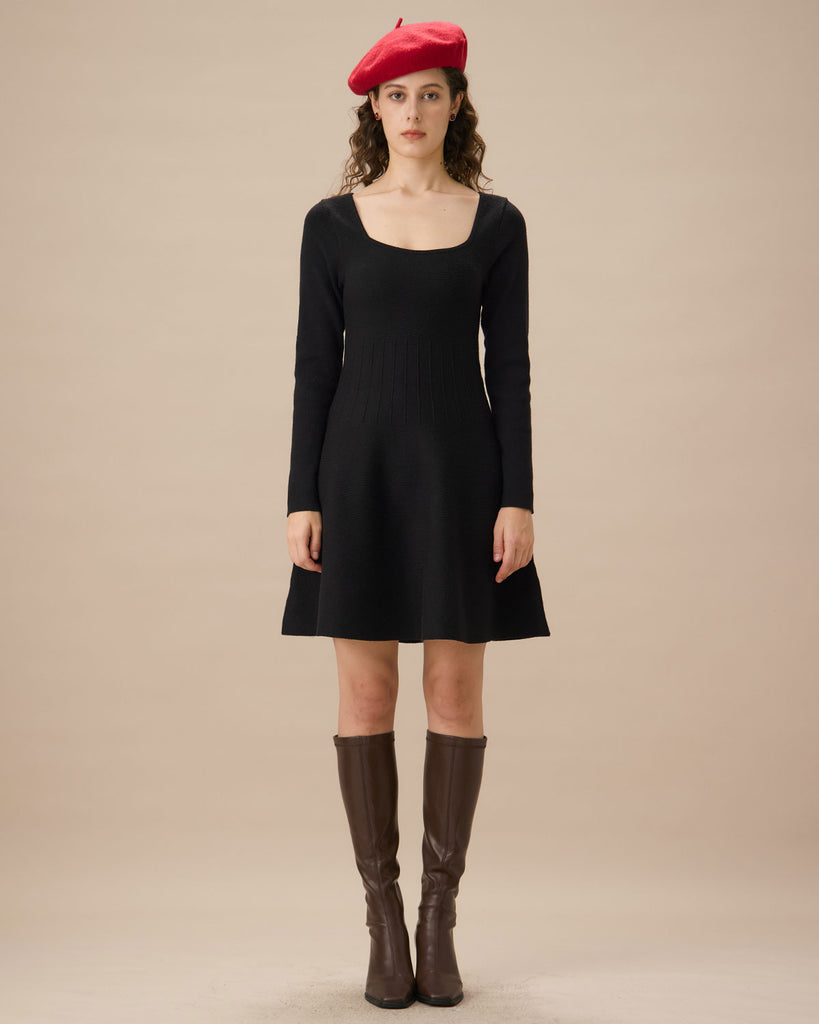 Black Square Neck Ribbed Sweater Dress