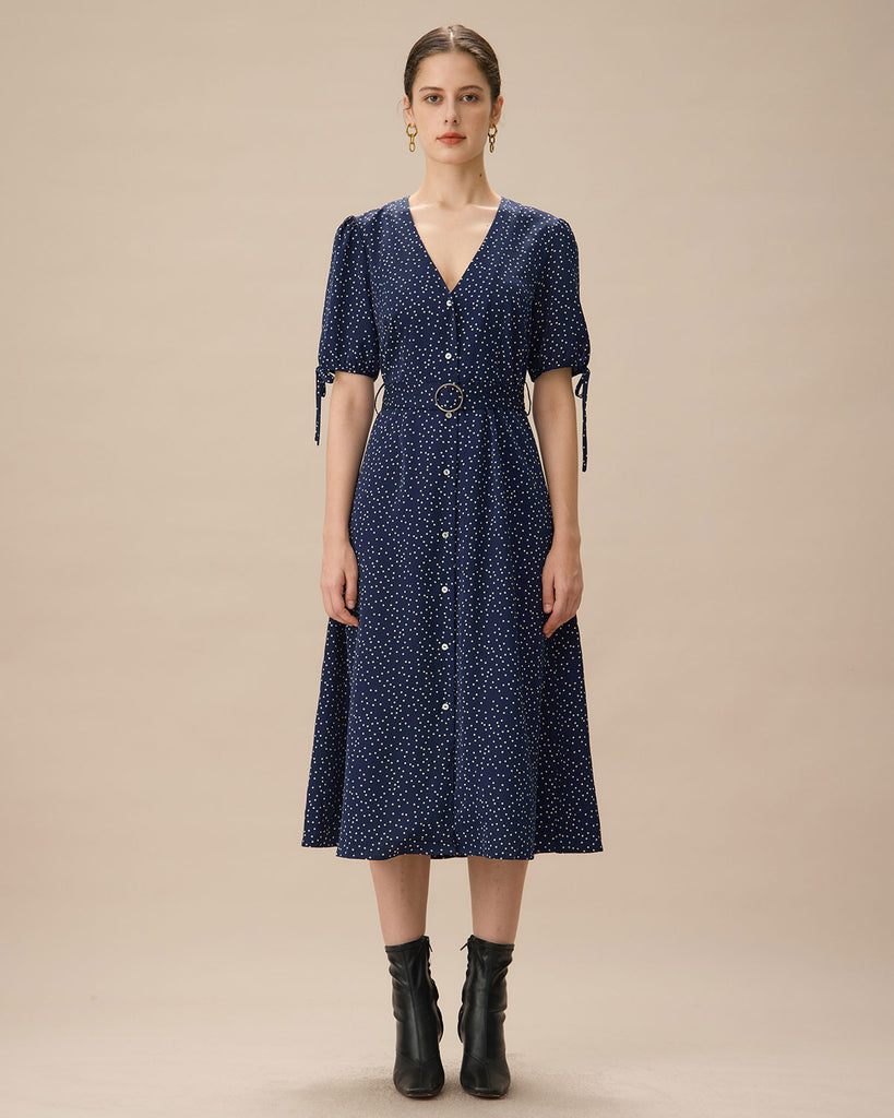 Navy Polka Dot Belted Midi Dress