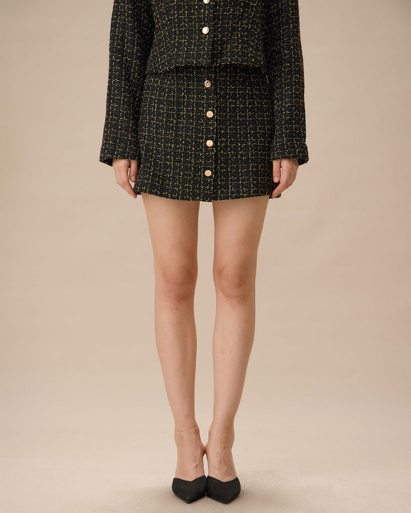 Black High-waisted Button Tweed Skirt