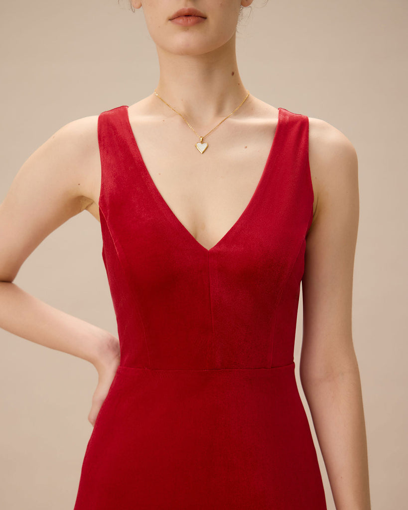 Red Velvet V Neck Backless Midi Dress