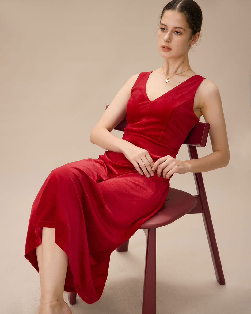 Red Velvet V Neck Backless Midi Dress