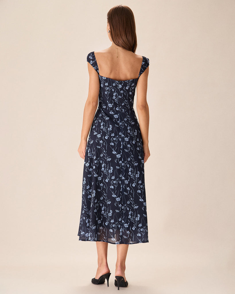 Navy Floral Sweetheart Neck Midi Dress