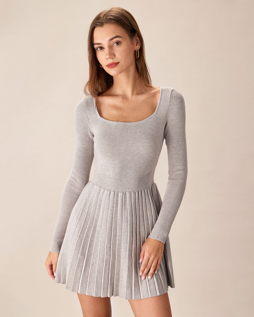 Apricot Square Neck Pleated Sweater Dress