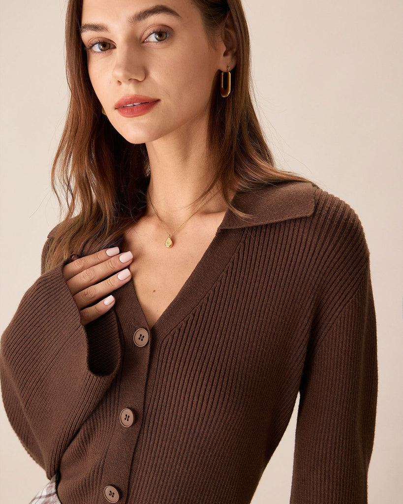 Brown Bell Sleeve Single-Breasted Cardigan