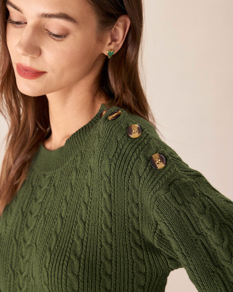 Green Round Neck Loose Button Sweater