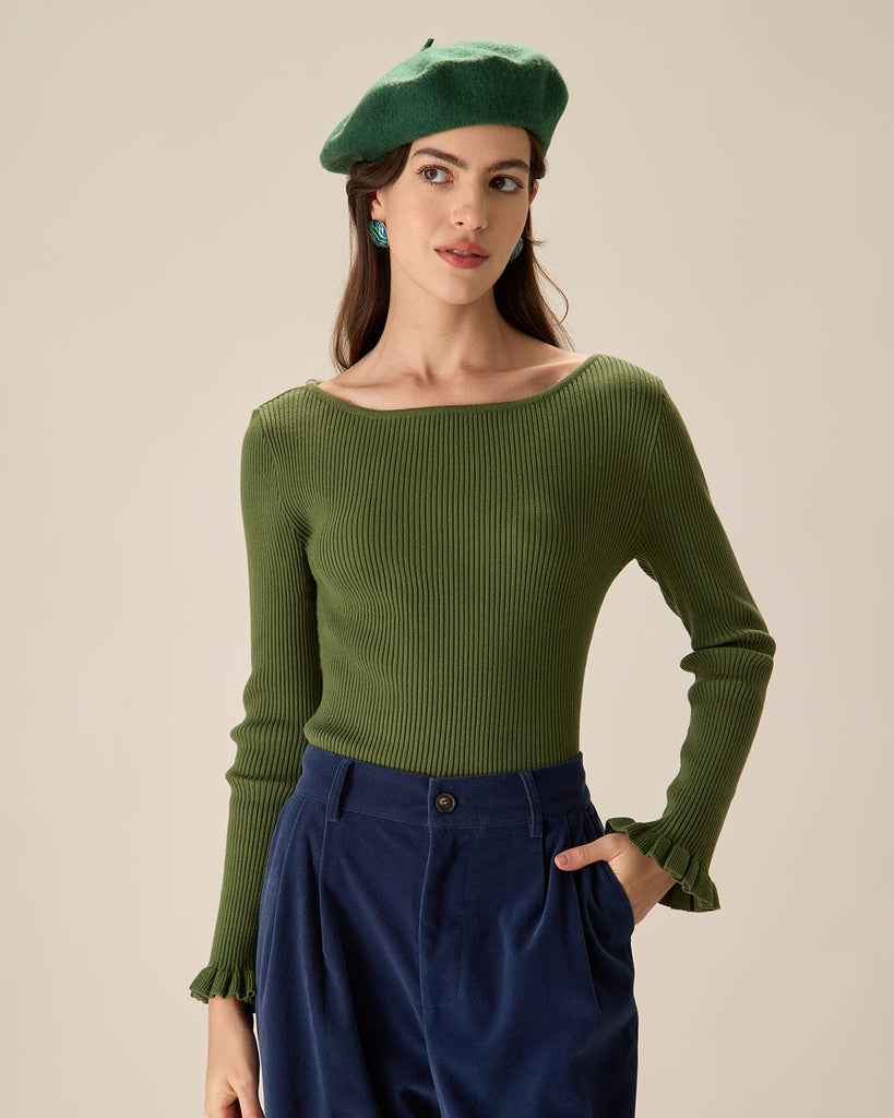 Green Boat Neck Ruffle Slim Tee