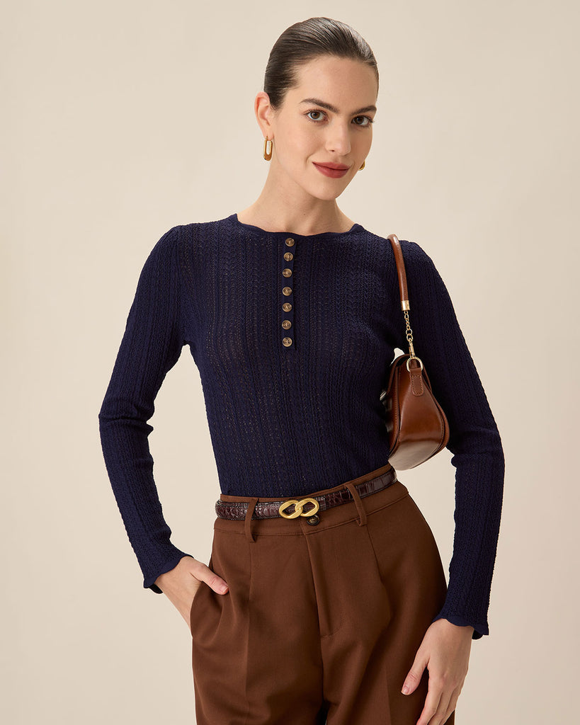 Navy Round Neck Slim Sweater