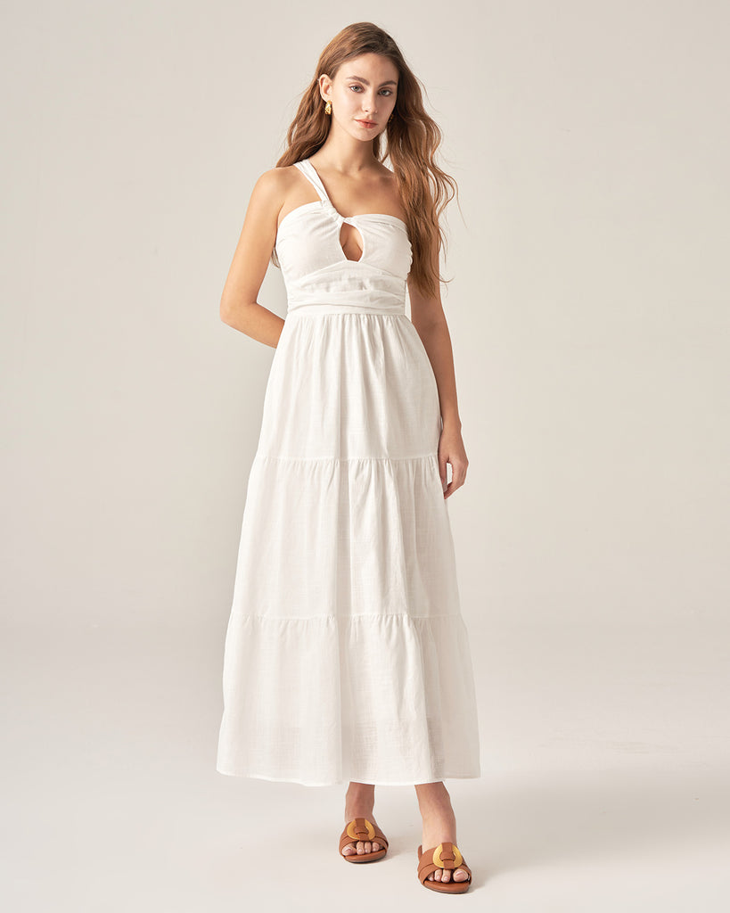 White Ruched One Shoulder Midi Dress