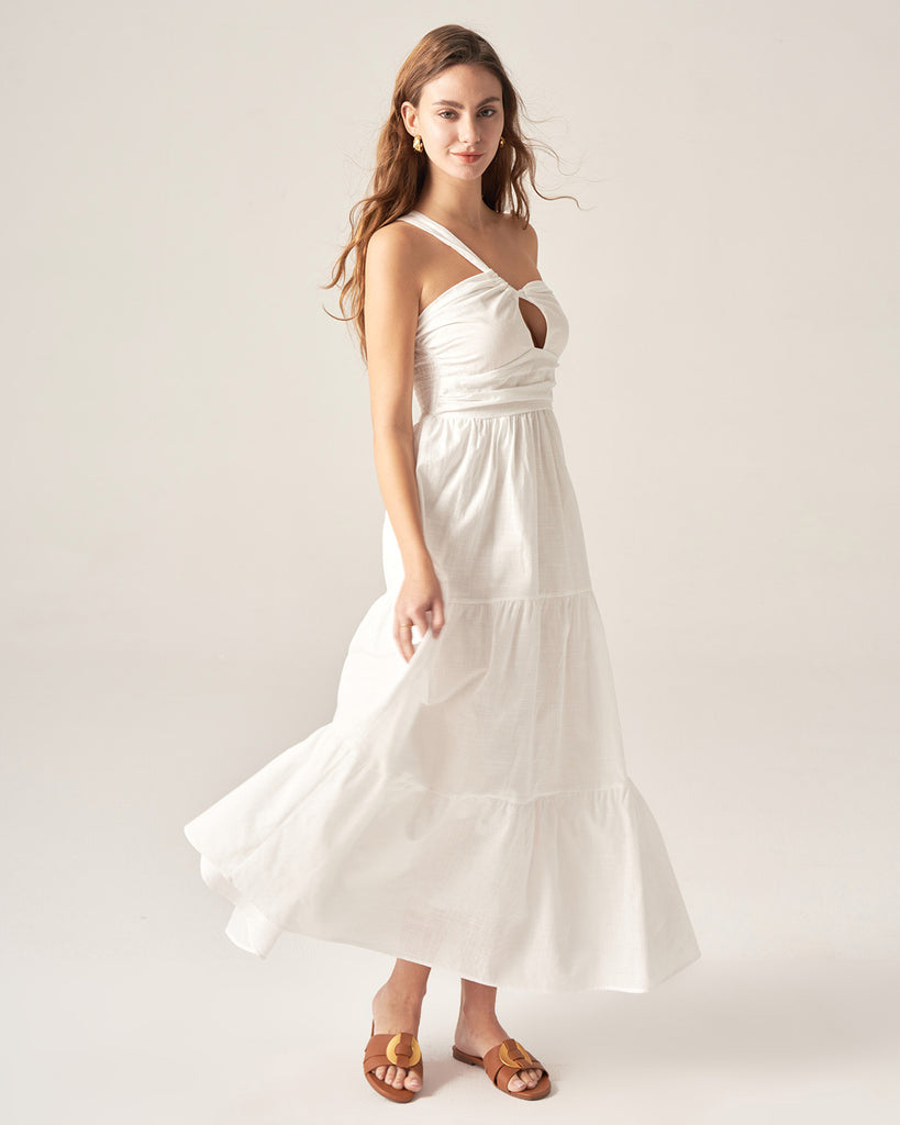 White Ruched One Shoulder Midi Dress