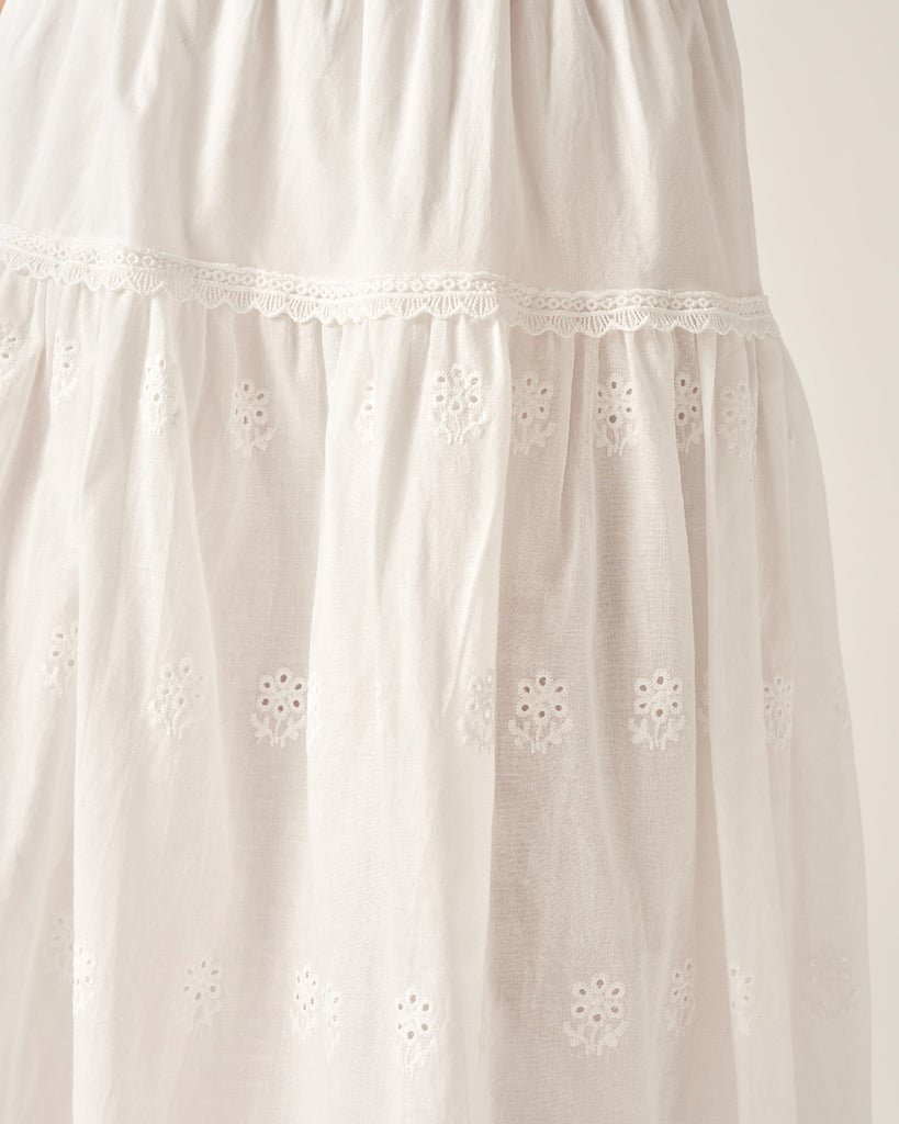 White Embroidery A-Line Midi Skirt