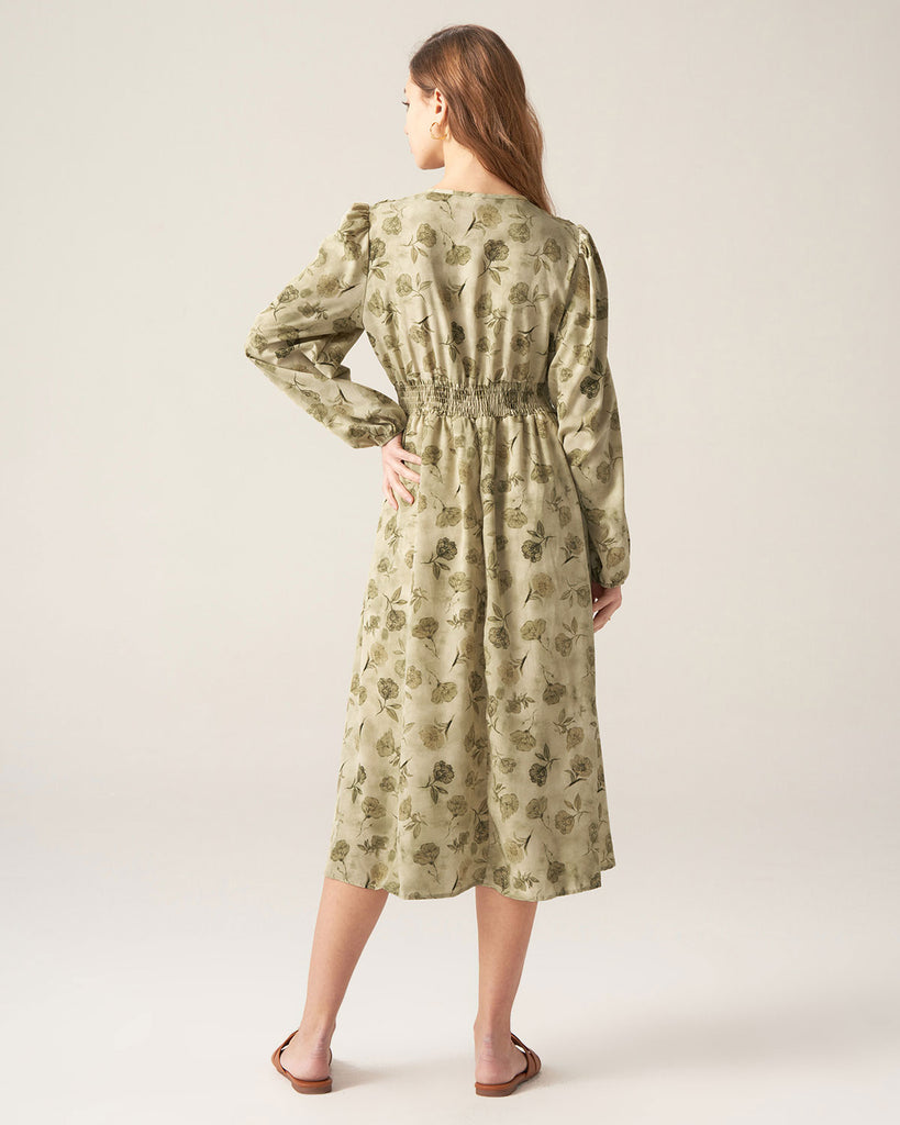 Green Floral Lantern Sleeve Midi Dress