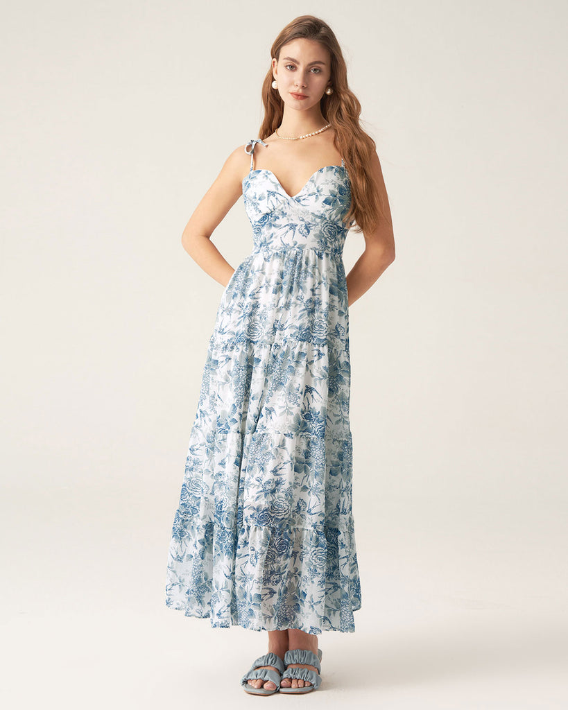 Blue Floral Tie Strap Midi Dress