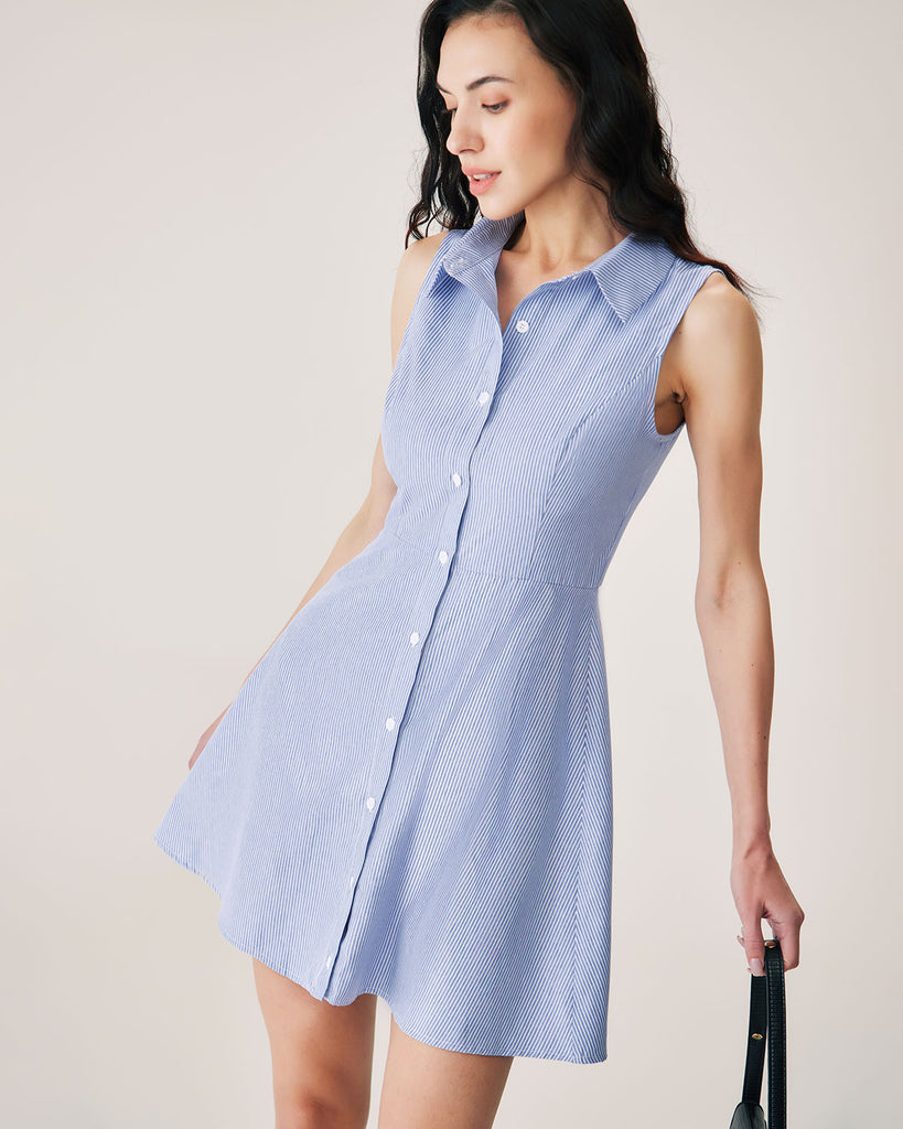 Blue Striped Button Mini Dress