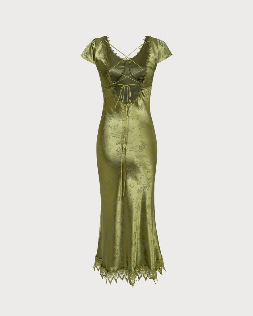 The Green Satin Jacquard Lace Midi Dress Dresses - RIHOAS