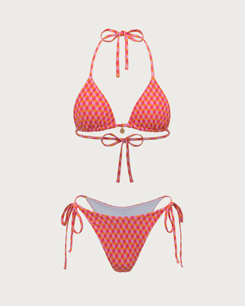 Pink Geometric Print Drawstring Bikini Set