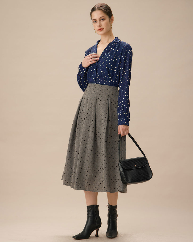 Grey Polka Dot Pleated Midi Skirt