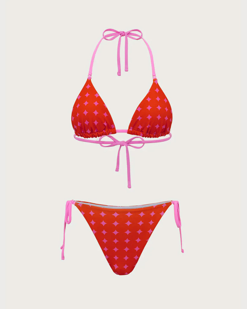 Red Contrasting Drawstring Bikini Set