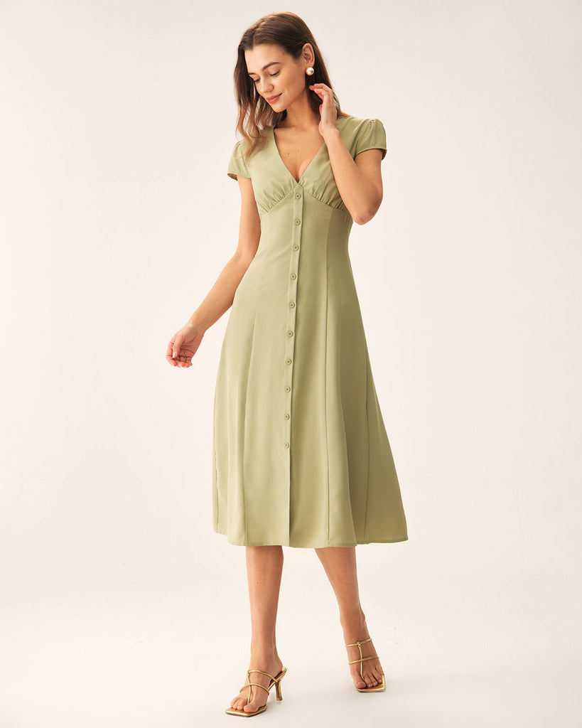 Green V-Neck Button Midi Dress