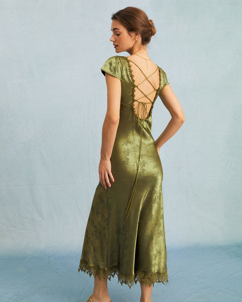 The Green Satin Jacquard Lace Midi Dress Dresses - RIHOAS