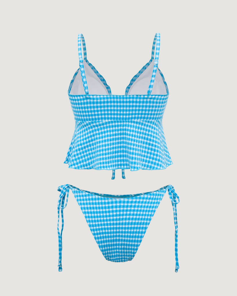 Blue Plaid Tie-Front Tankini Swimsuit