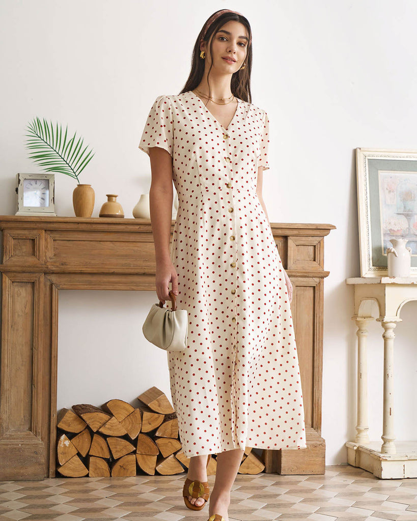 The Beige V Neck Polka Dot Button Midi Dress