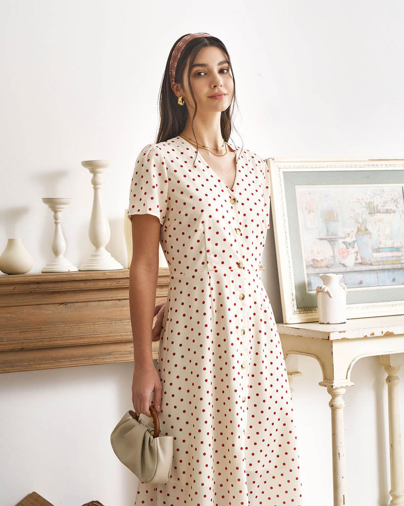 The Beige V Neck Polka Dot Button Midi Dress