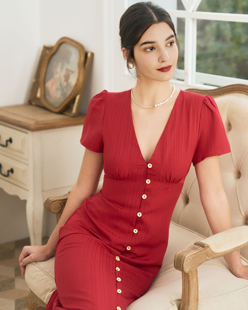 The Red V Neck Shirred Puff Sleeve Midi Dress