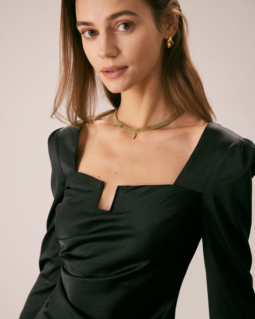 The Black Satin Ruched Blouse Black Tops - RIHOAS