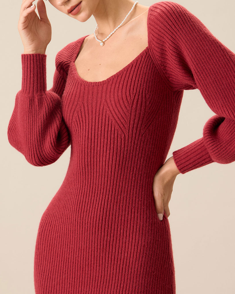 Women's Red Ribbed Knit Bodycon Sweater Dress