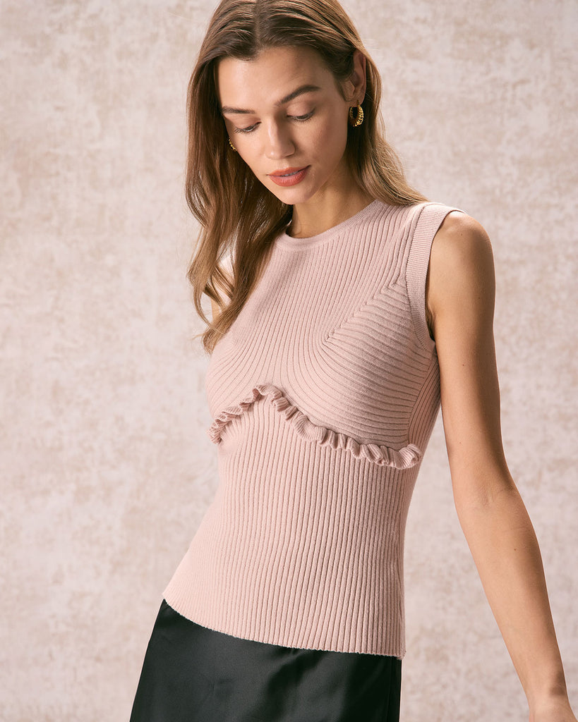 The Apricot Crew Neck Ruffle Knit Tank Top Tops - RIHOAS