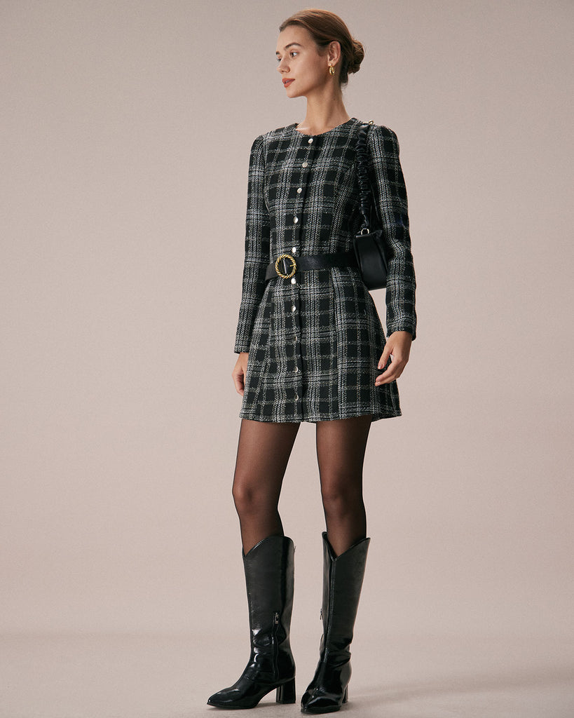 The Black Crew Neck Plaid Mini Dress Dresses - RIHOAS