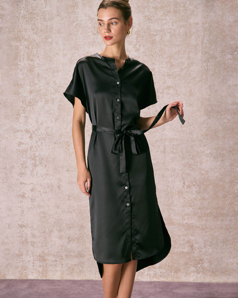 The Black Crew Neck Satin Midi Dress Black Dresses - RIHOAS