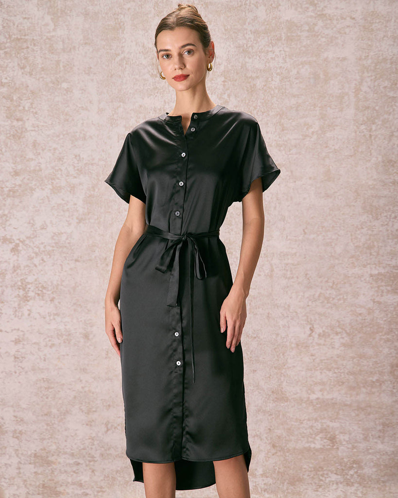 The Black Crew Neck Satin Midi Dress Dresses - RIHOAS