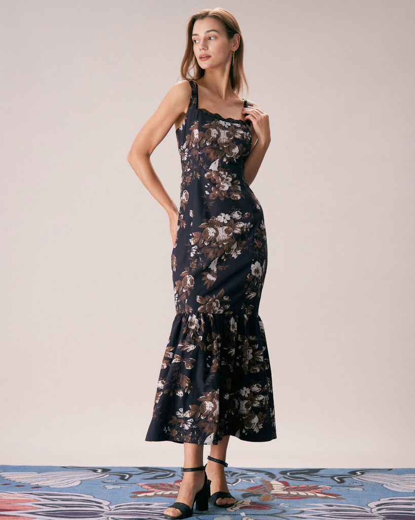 The Black Lace Floral Mermaid Maxi Dress Dresses - RIHOAS