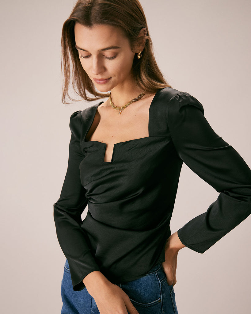 The Black Satin Ruched Blouse Black Tops - RIHOAS