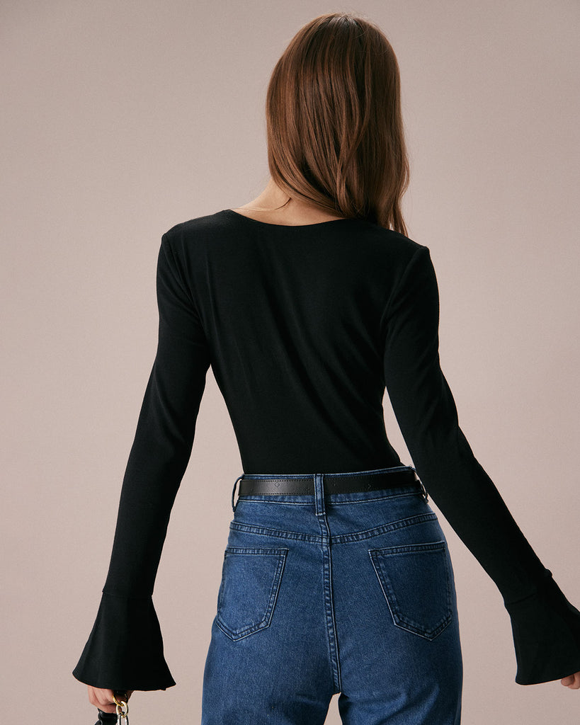 The Black Square Neck Flare Sleeve Tee Tops - RIHOAS