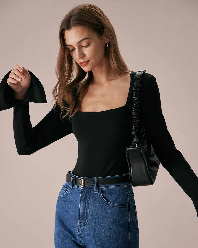 The Black Square Neck Flare Sleeve Tee Tops - RIHOAS