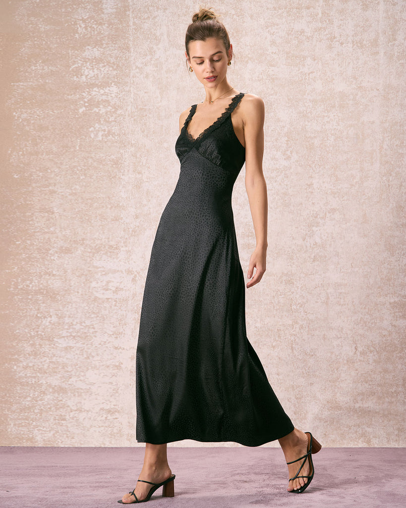 The Black V-Neck Lace Jacquard Maxi Dress Dresses - RIHOAS