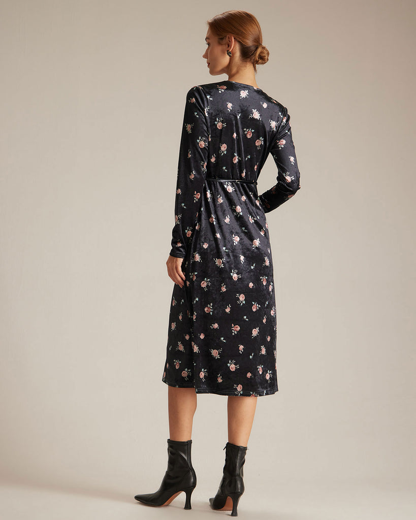 The Black V Neck Floral Velvet Midi Dress Dresses - RIHOAS